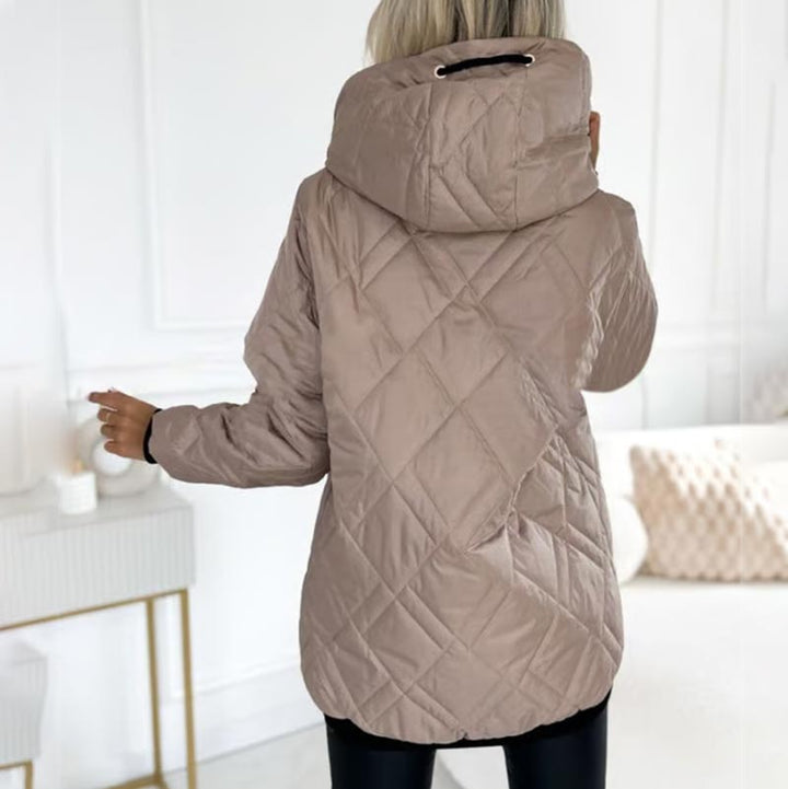 Farrah diamond quilted hooded jacket, close-up of zipper and hood detail