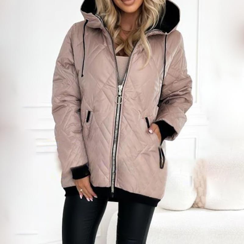 Farrah diamond quilted hooded jacket, close-up of zipper and hood detail