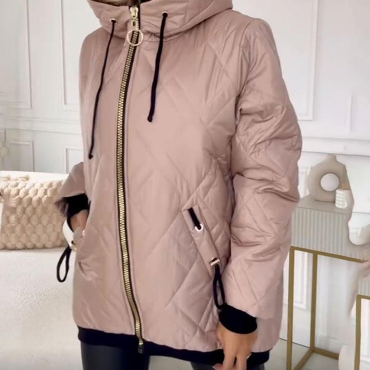 Farrah diamond quilted hooded jacket, close-up of zipper and hood detail