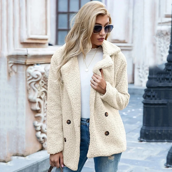 Farrah oversized teddy jacket styled with jeans and a white top