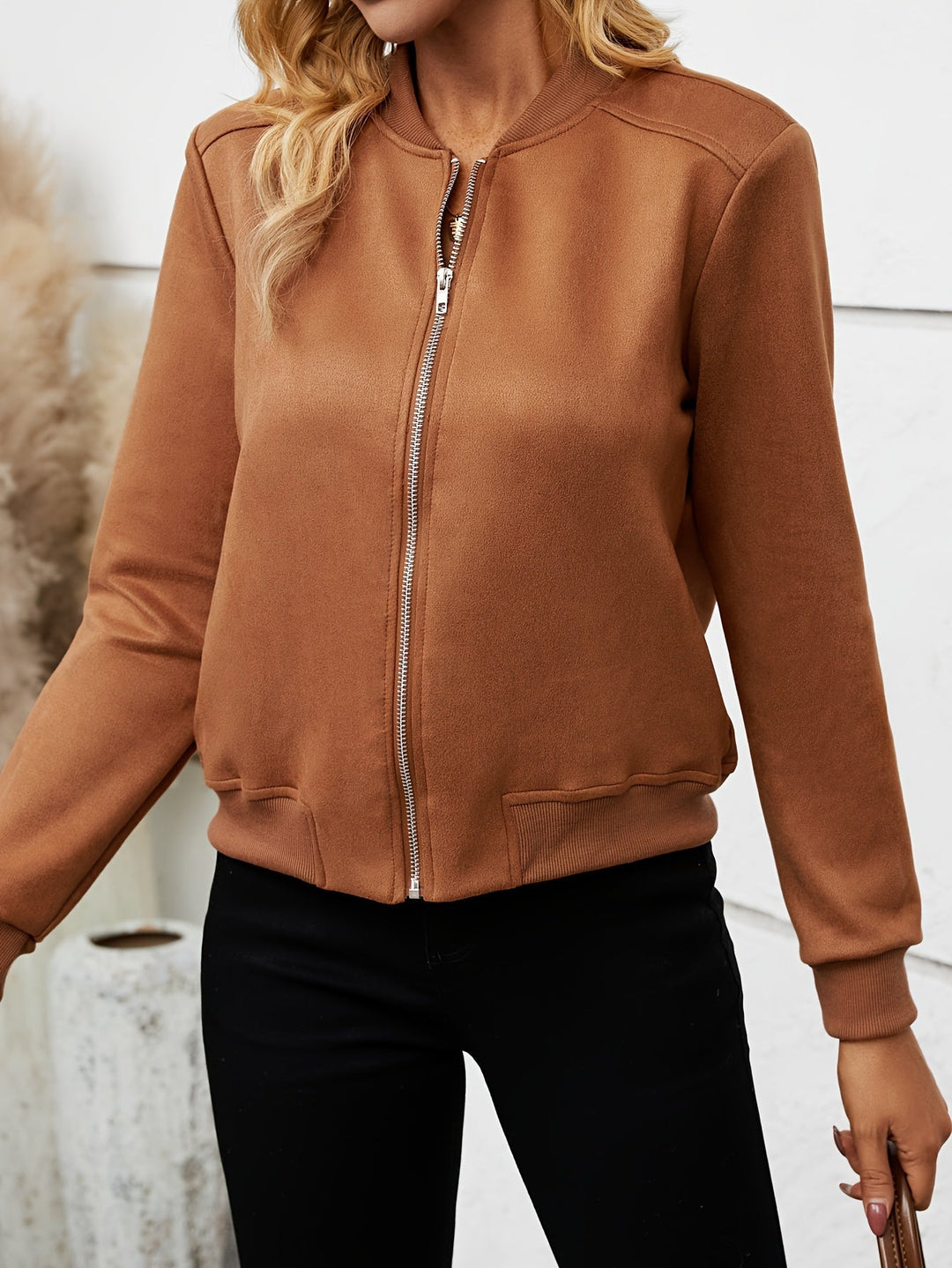 Farrah zip-up casual bomber jacket in brown, close-up front view