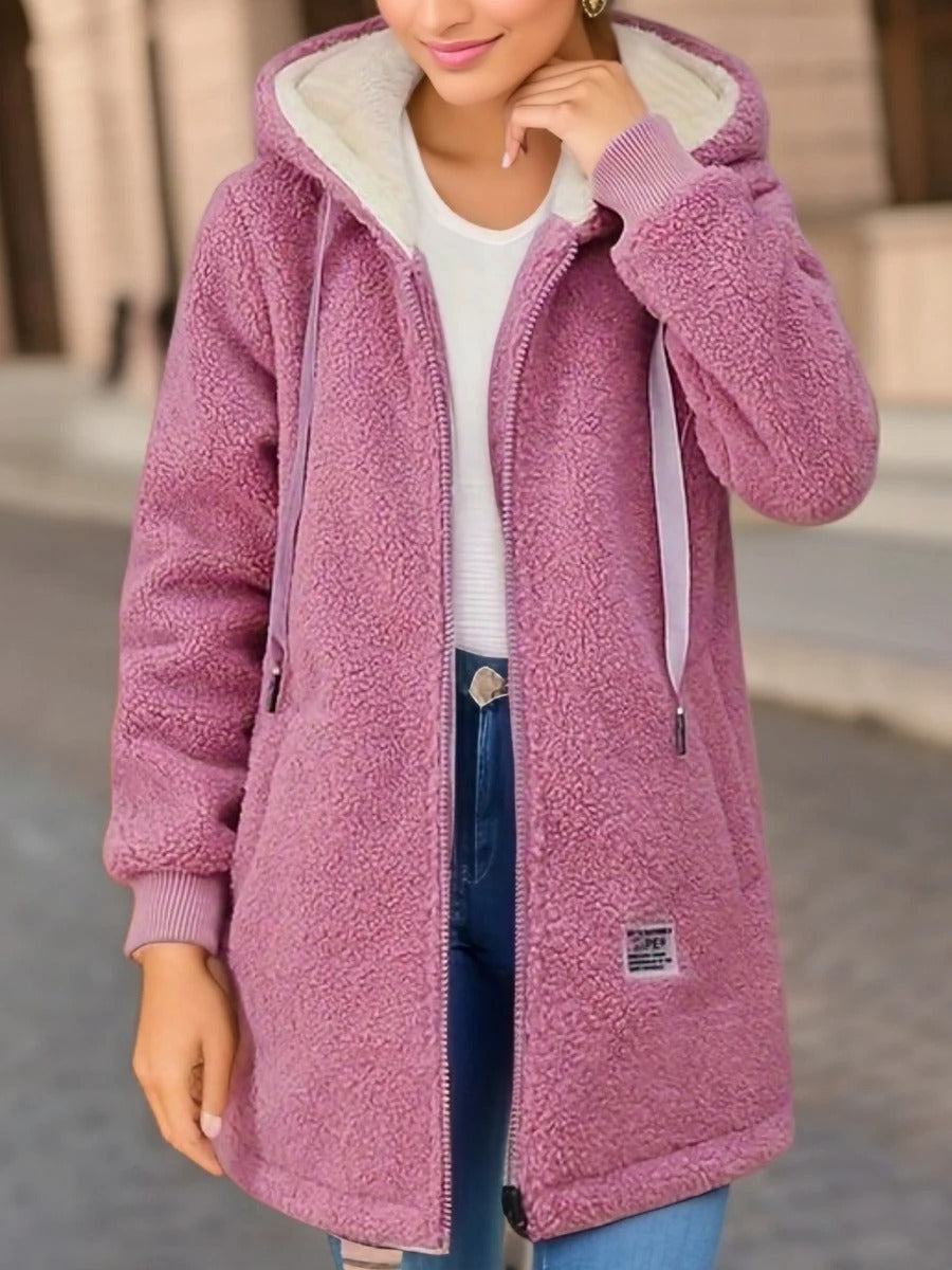 Fenella hooded teddy coat in pink, front view with hood down