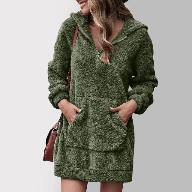Fenwick dark green hooded zip sweater mini dress, front view