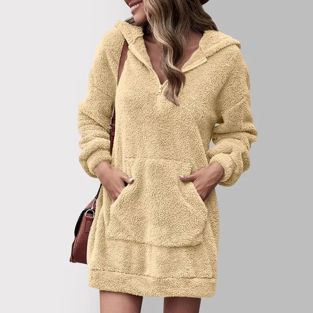 Fenwick khaki hooded zip sweater mini dress, front view with hands in pocket