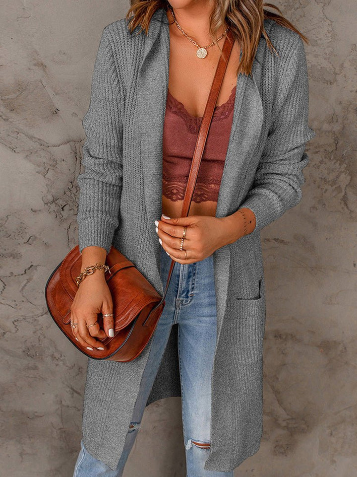Fenwick open front long cardigan in gray, close-up front view with crossbody bag