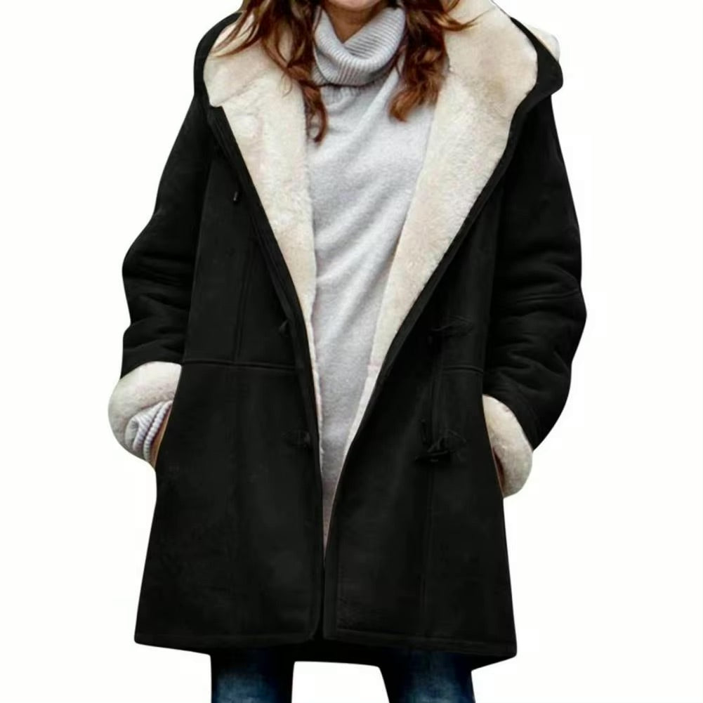Fiona hooded teddy coat in black with faux fur lapel, front view