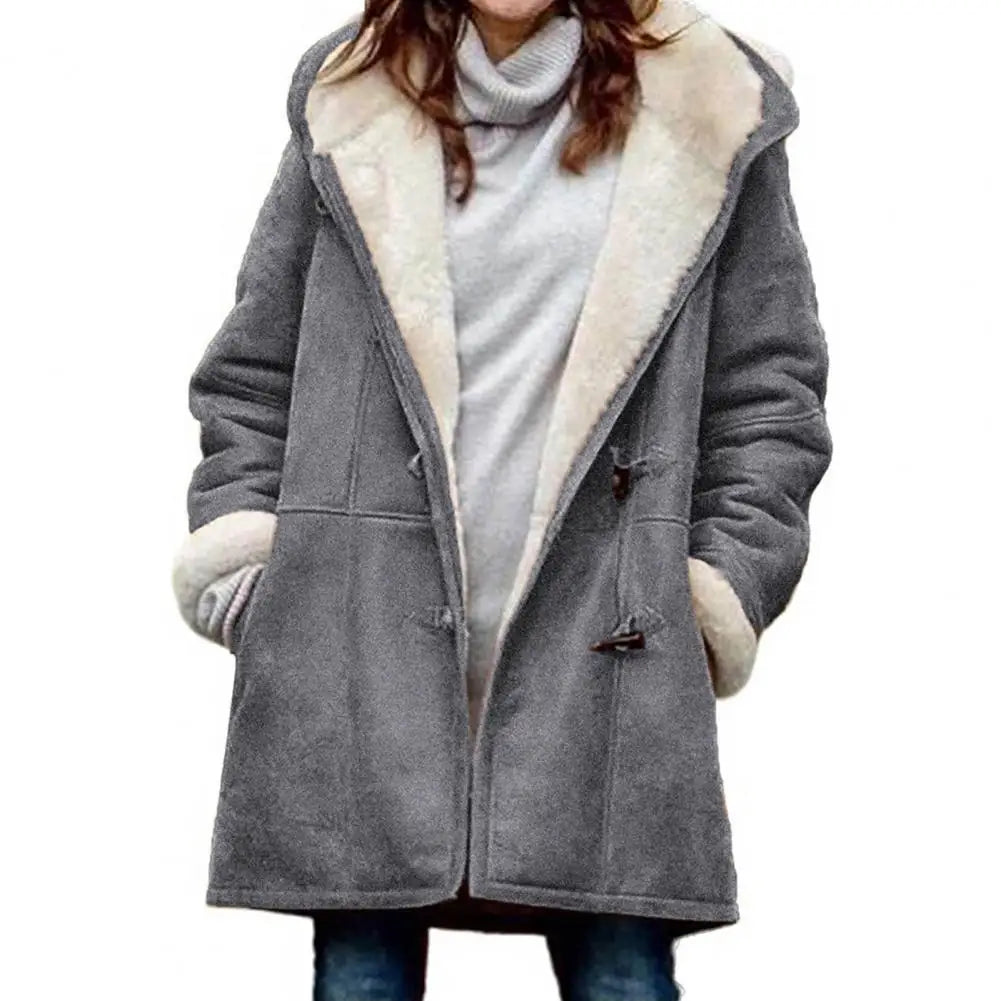 Fiona hooded teddy coat in gray with faux fur lapel, front view