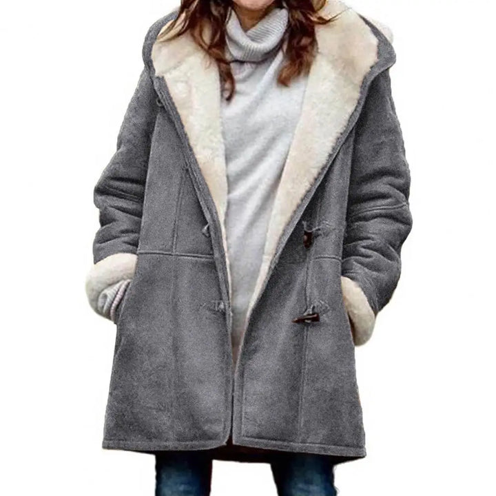 Fiona hooded teddy coat in gray with faux fur lapel, front view