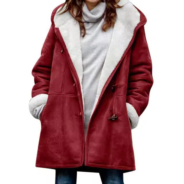 Fiona hooded teddy coat in red with faux fur lapel, front view