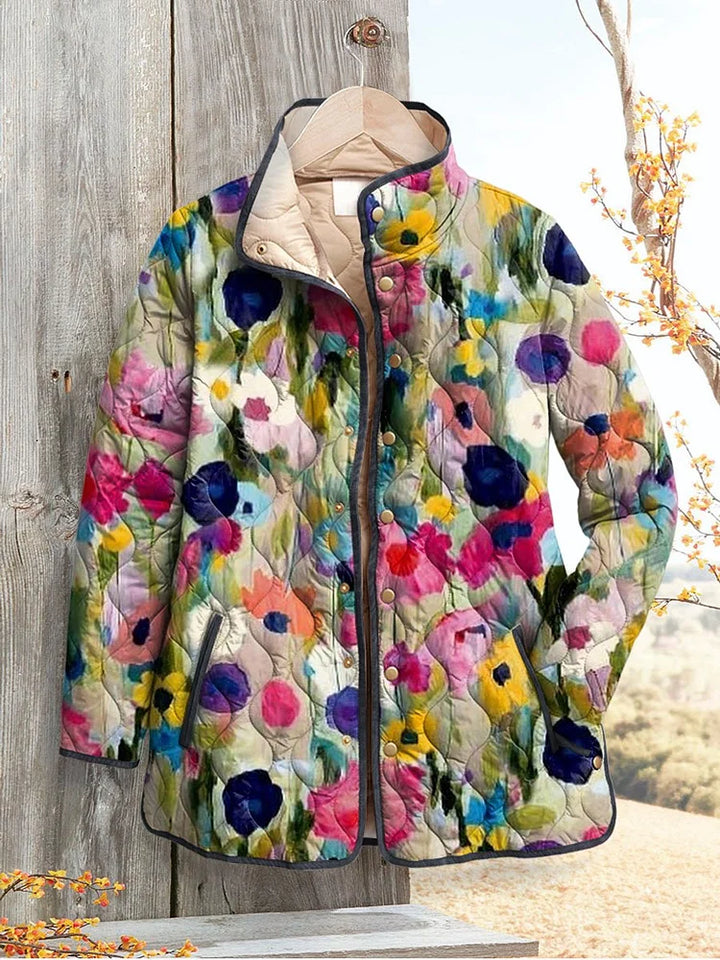 Fiona vintage floral quilted jacket hanging, front view
