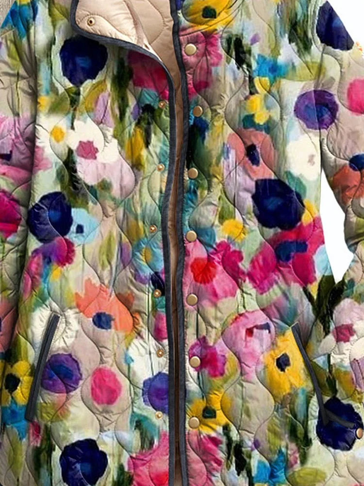 Fiona floral quilted jacket close-up detail, snap front and pockets