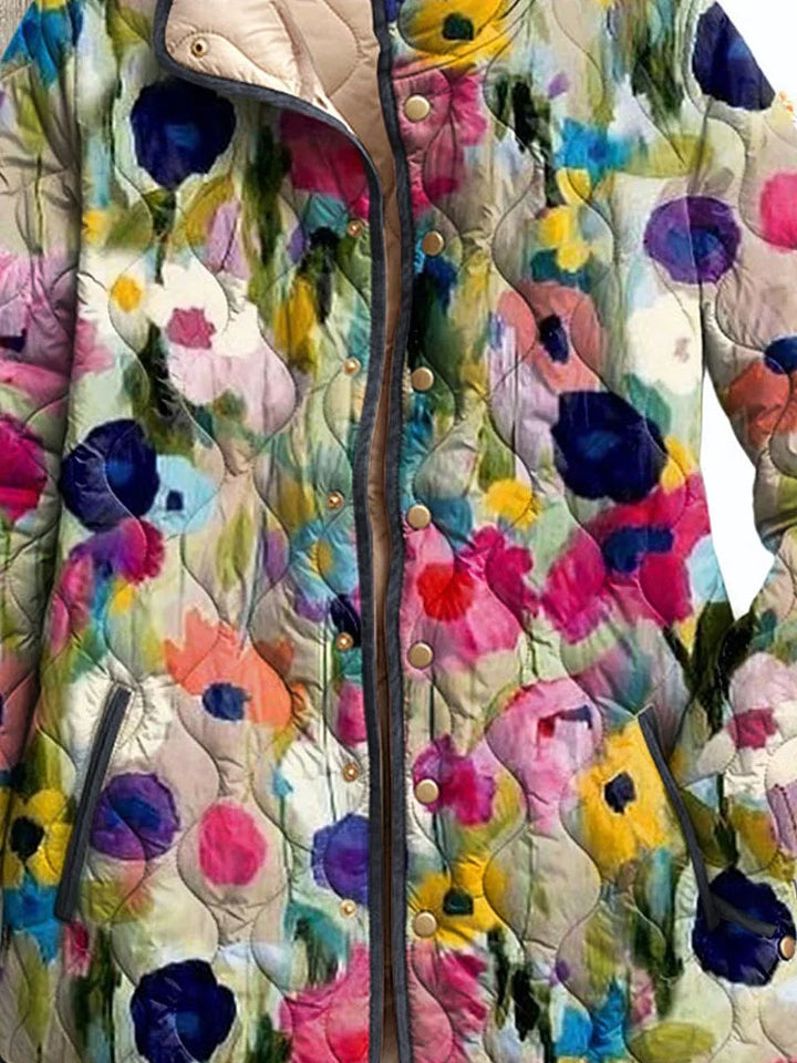 Fiona floral quilted jacket close-up detail, snap front and pockets
