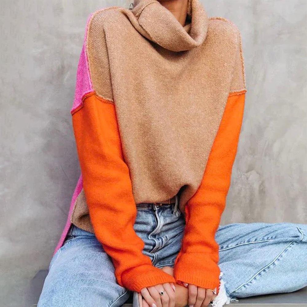 Fiora color block turtleneck sweater, front view close-up