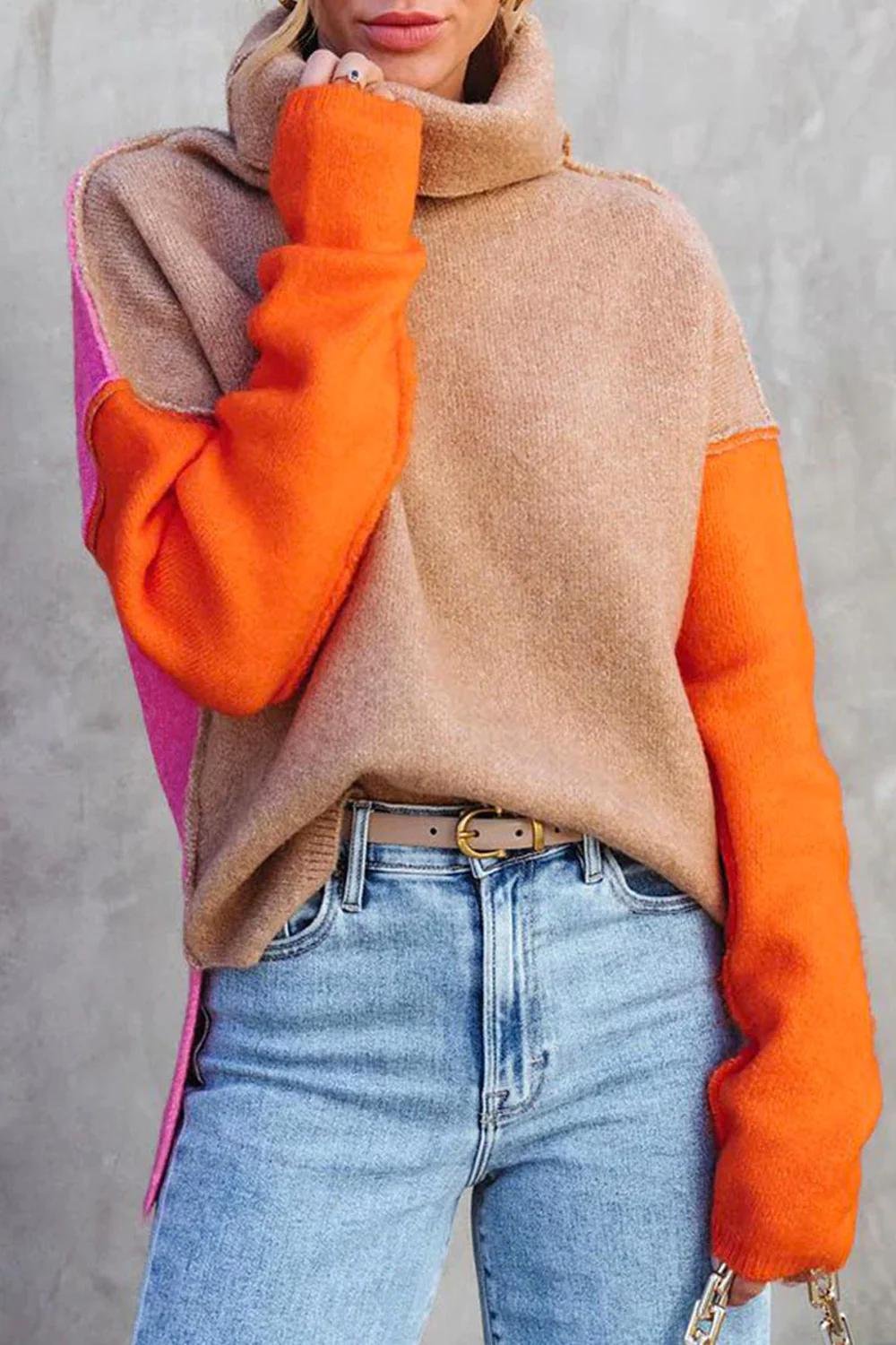 Fiora color block turtleneck sweater with jeans, styled look