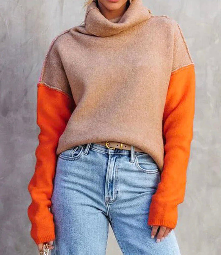Fiora color block turtleneck sweater, front view standing