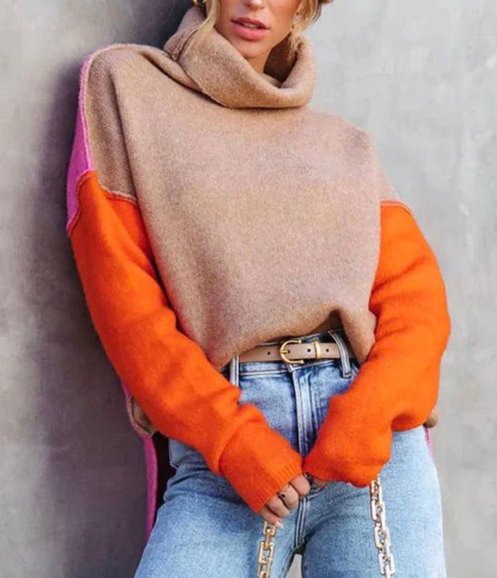 Fiora color block turtleneck sweater, front view standing