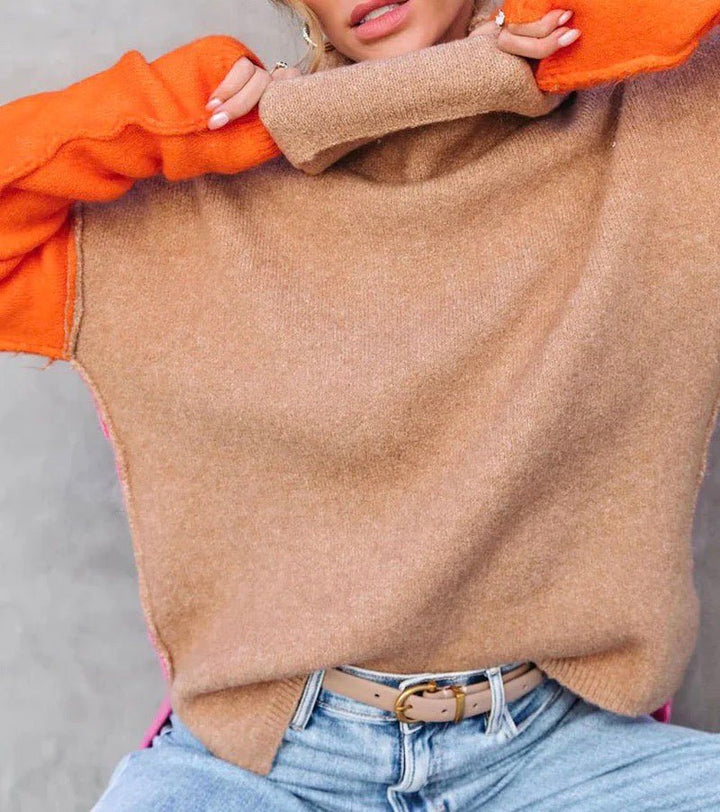 Fiora color block turtleneck sweater, front view standing