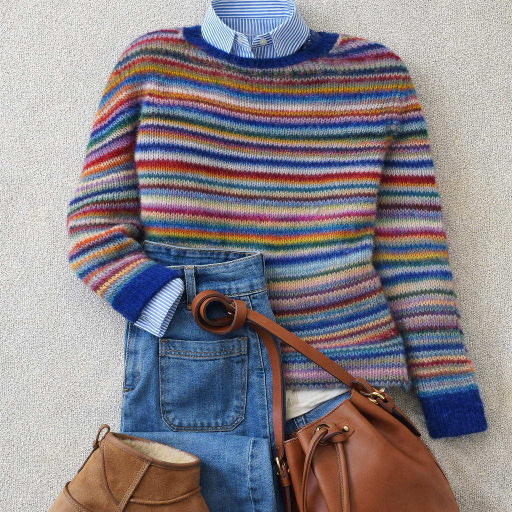 Freya Nordic striped crew neck sweater styled with denim and a striped button-down shirt