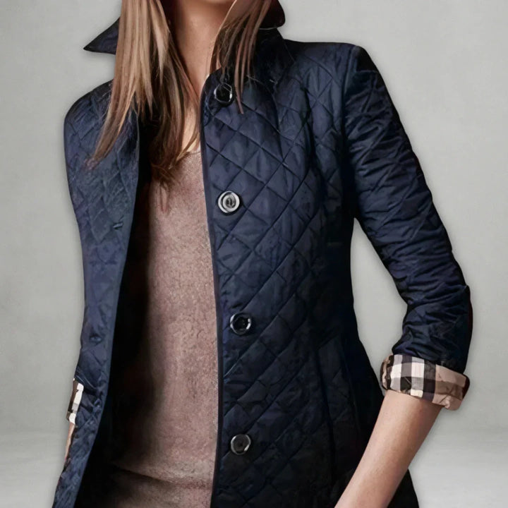 Genevieve classic quilted jacket in navy, close-up front view with snap buttons
