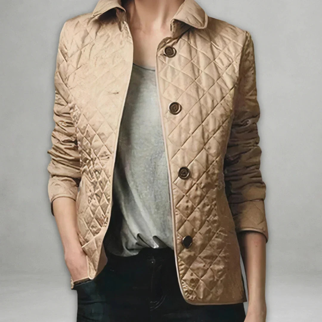 Genevieve classic quilted jacket in beige, front view open collar