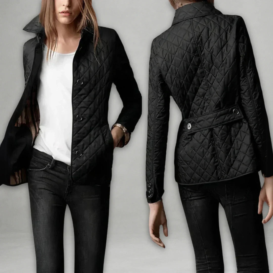 Genevieve classic quilted jacket in black, front and back view