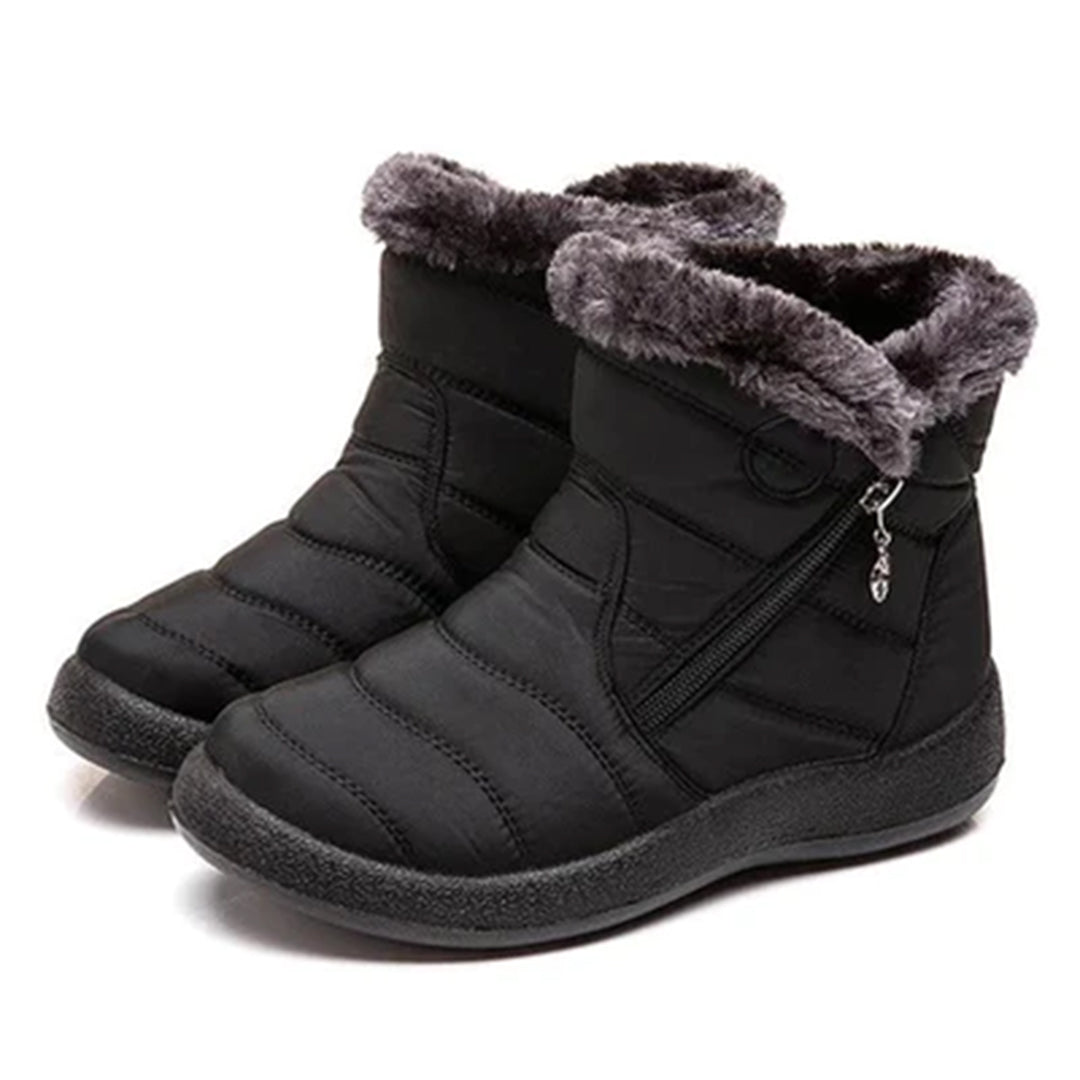 Genevieve black fur trim ankle snow boots, side view pair