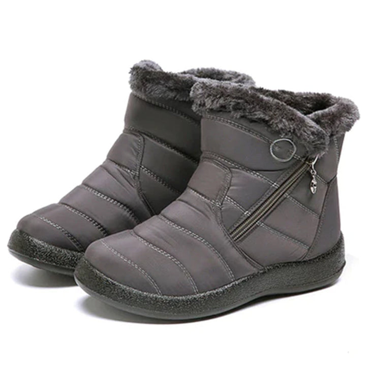Genevieve grey fur trim ankle snow boots, side view pair