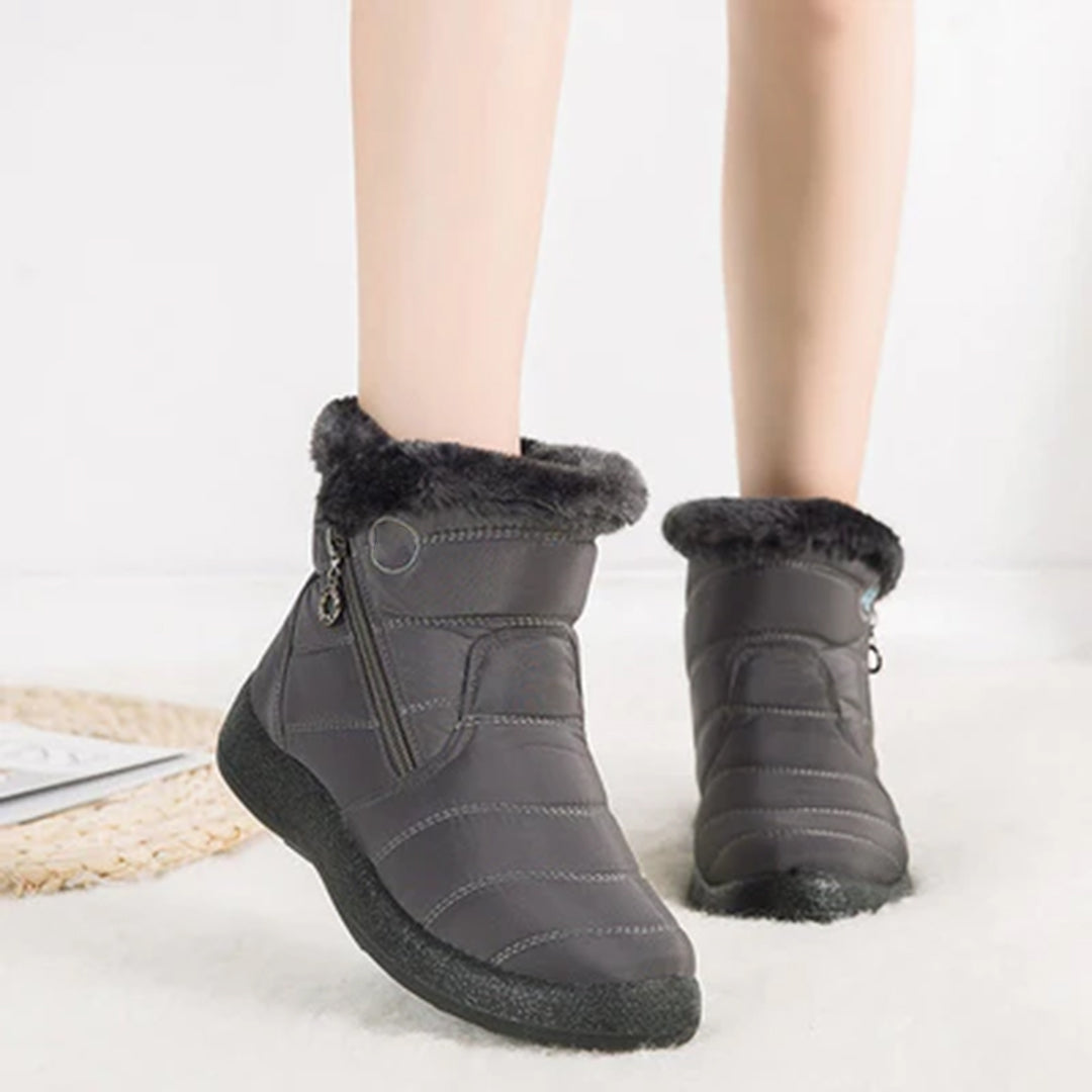 Genevieve grey snow boots worn on model, front view