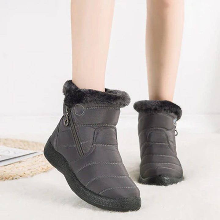 Genevieve grey snow boots worn on model, front view