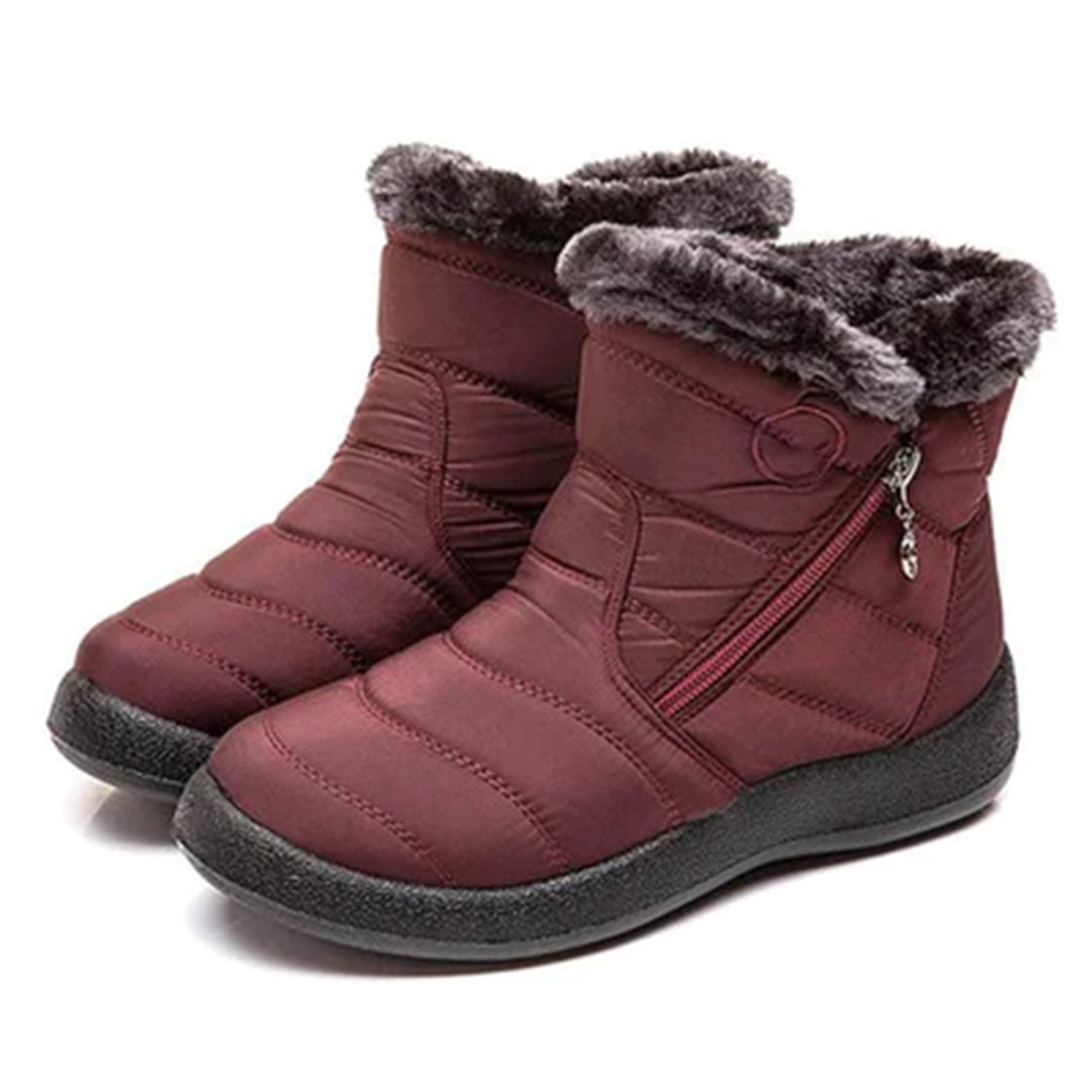 Genevieve burgundy fur trim ankle snow boots, side view pair