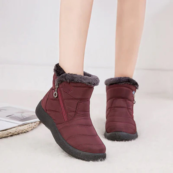 Genevieve burgundy snow boots worn on model, front view