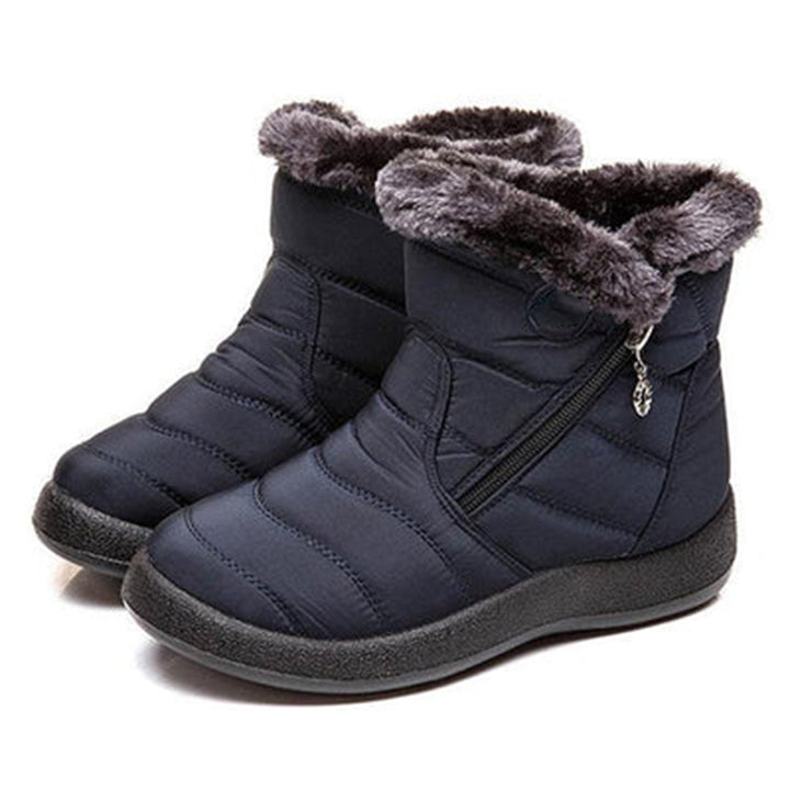 Genevieve navy fur trim ankle snow boots, side view pair