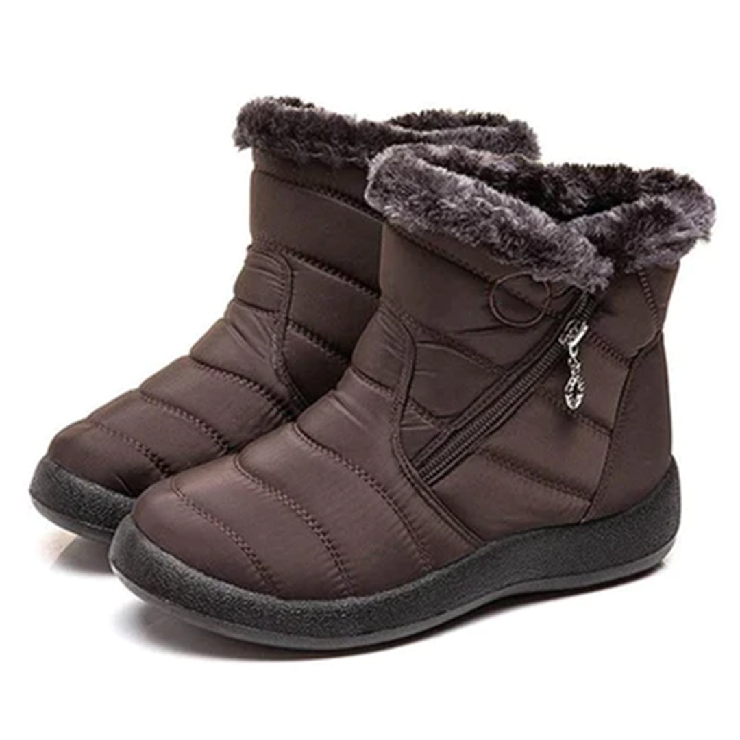 Genevieve brown fur trim ankle snow boots, side view pair