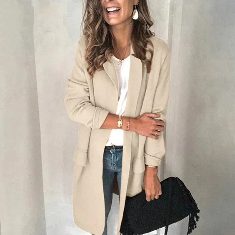Genevieve long open front cardigan in apricot, front view