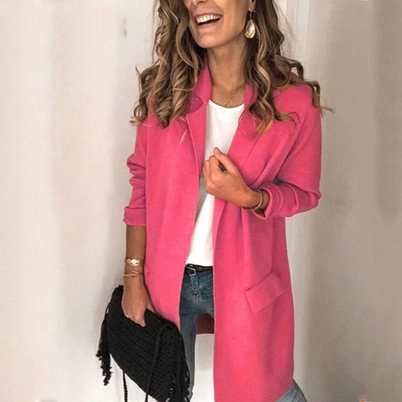 Genevieve long open front cardigan in pink, front view