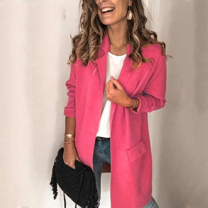 Genevieve long open front cardigan in pink, front view