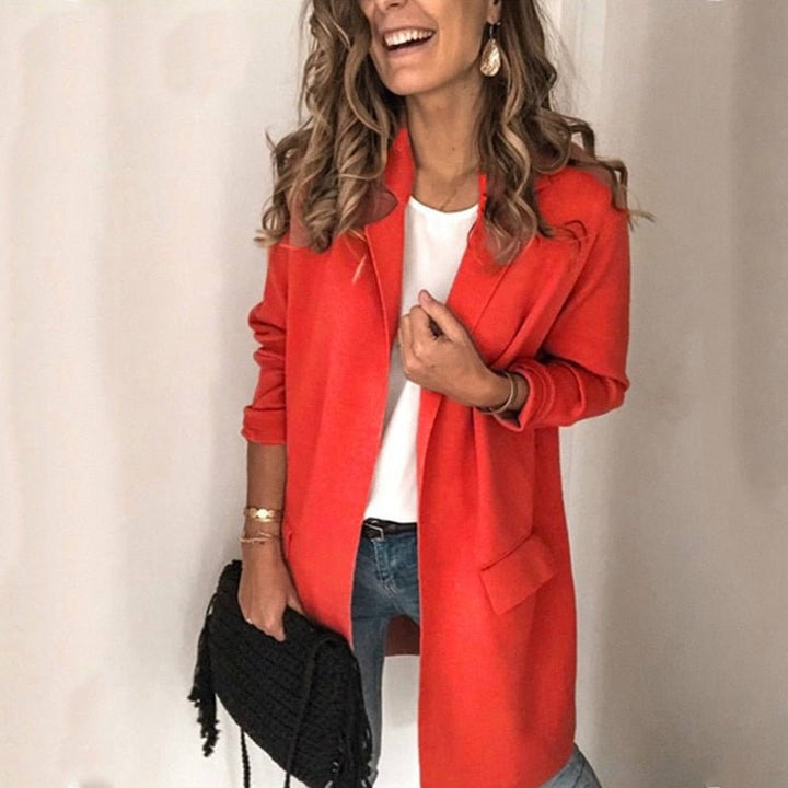 Genevieve long open front cardigan in red, front view