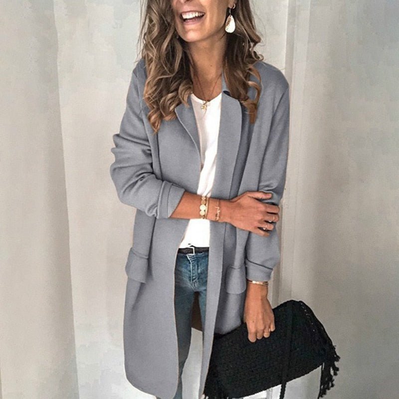 Genevieve long open front cardigan in gray, front view