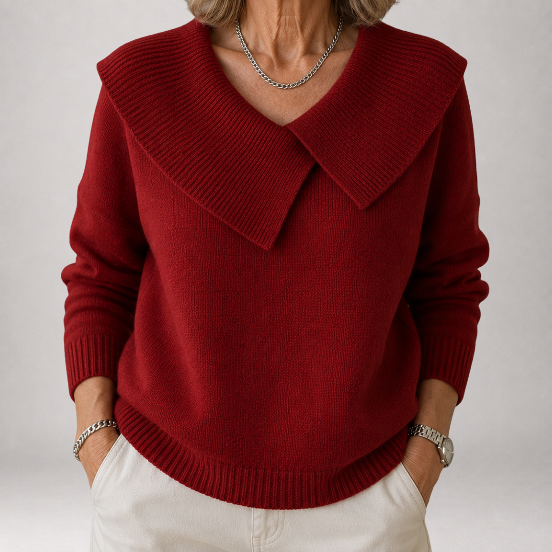 Genevieve oversized shawl collar knit sweater, close-up front view