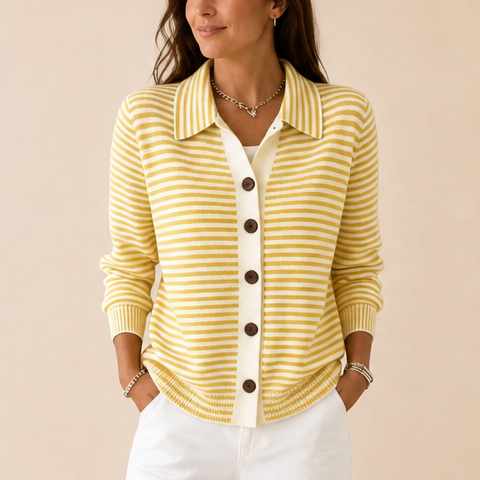 Genevieve striped collared cardigan worn with white pants, outdoor front view