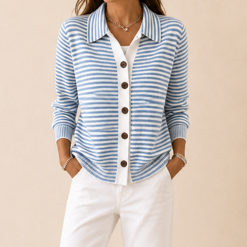 Genevieve striped collared cardigan worn with white pants, outdoor front view