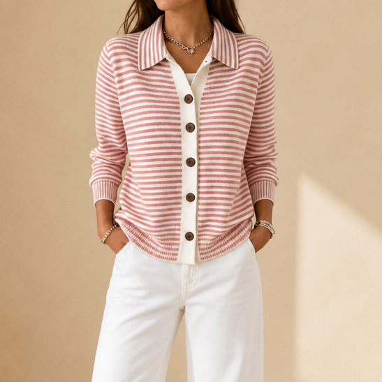 Genevieve striped collared cardigan worn with white pants, outdoor front view