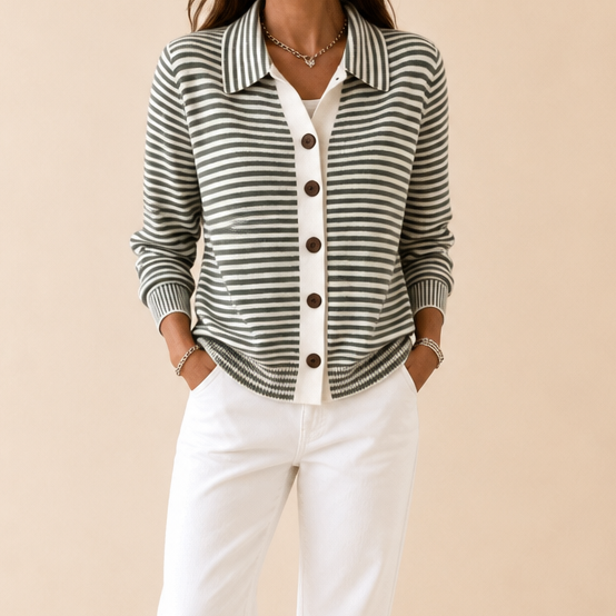 Genevieve striped collared cardigan worn with white pants, outdoor front view