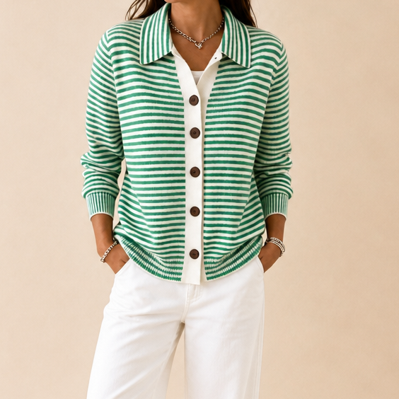 Genevieve striped collared cardigan worn with white pants, outdoor front view