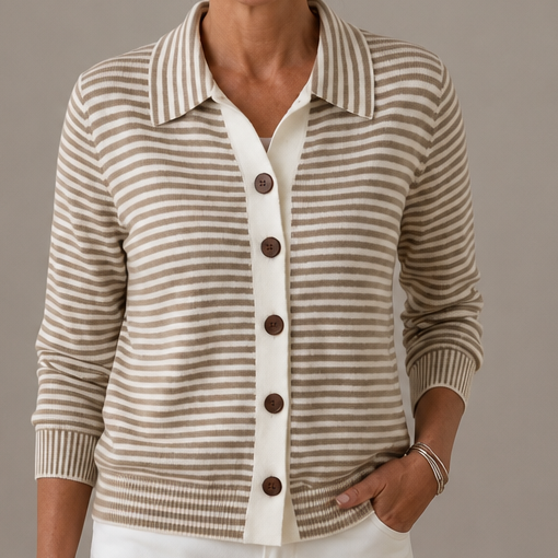 Genevieve striped collared cardigan, close-up front view on model
