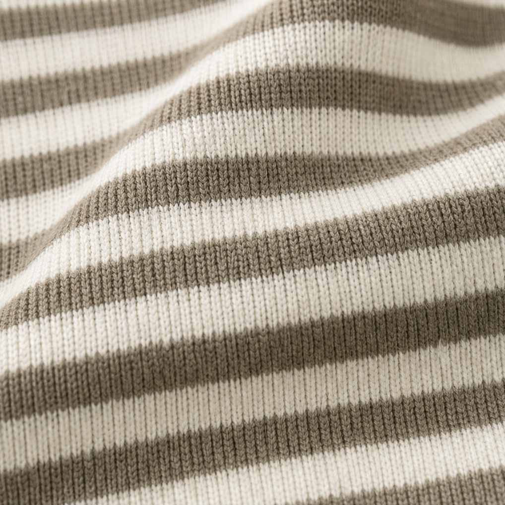 Genevieve striped collared cardigan worn with white pants, outdoor front view