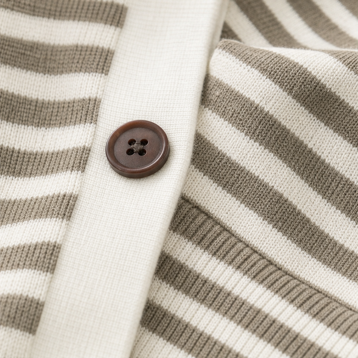 Genevieve striped collared cardigan worn with white pants, outdoor front view