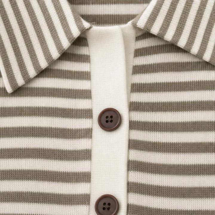 Genevieve striped collared cardigan worn with white pants, outdoor front view