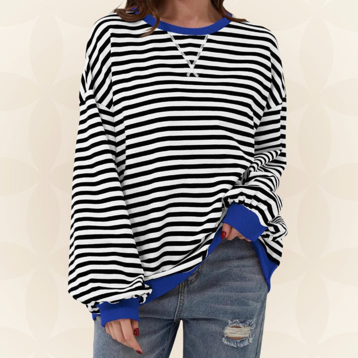 Genevieve oversized striped sweatshirt with blue contrast trim, front view