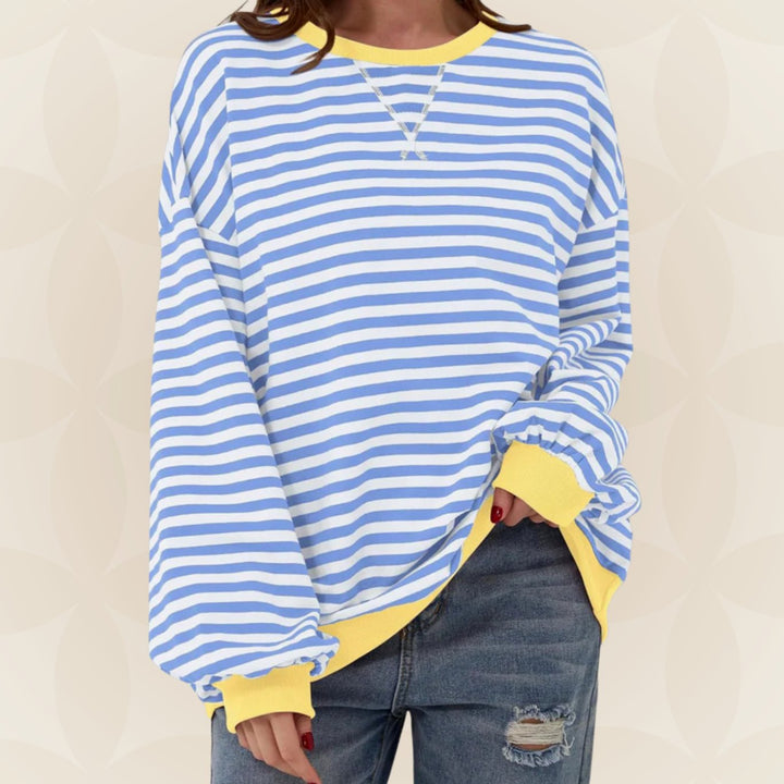 Genevieve oversized striped sweatshirt with yellow contrast trim, front view